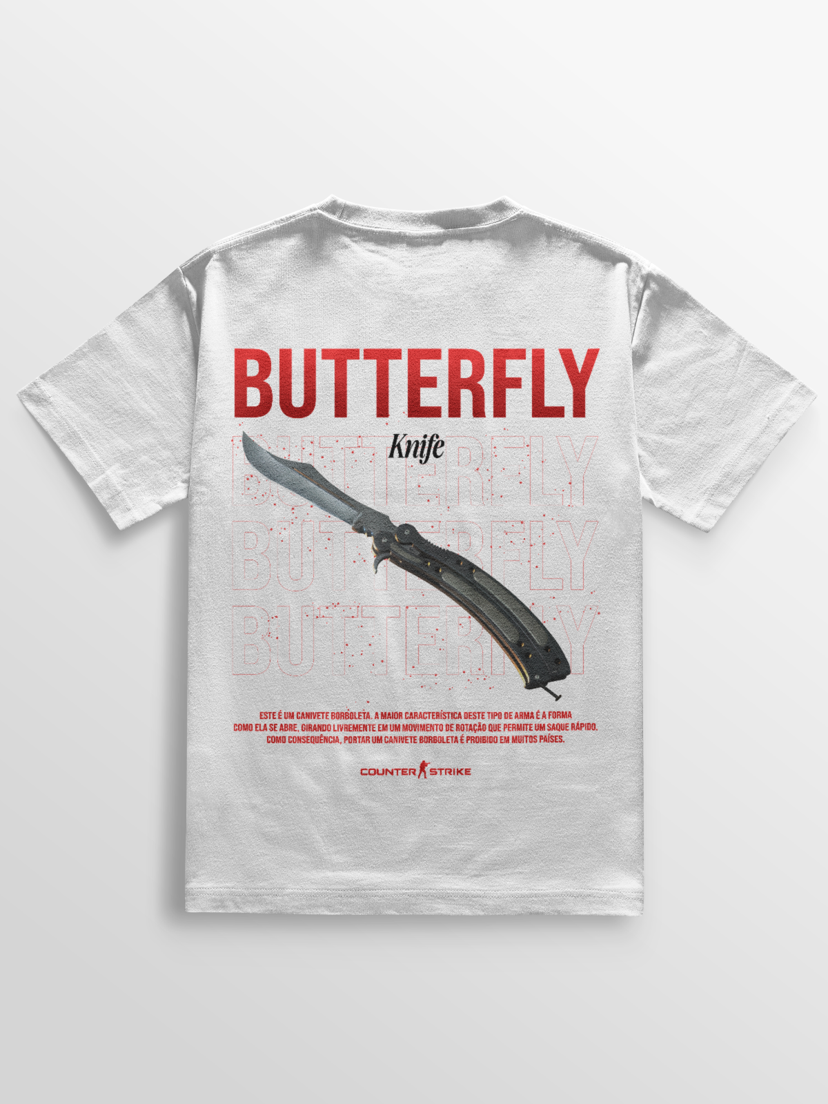 Camiseta Butterfly Counter Strike – Art Edition, feita em algodão 100% penteado, estampa DTF vibrante da icônica Balisong, perfeita para fãs de FPS e colecionadores da cultura gamer.