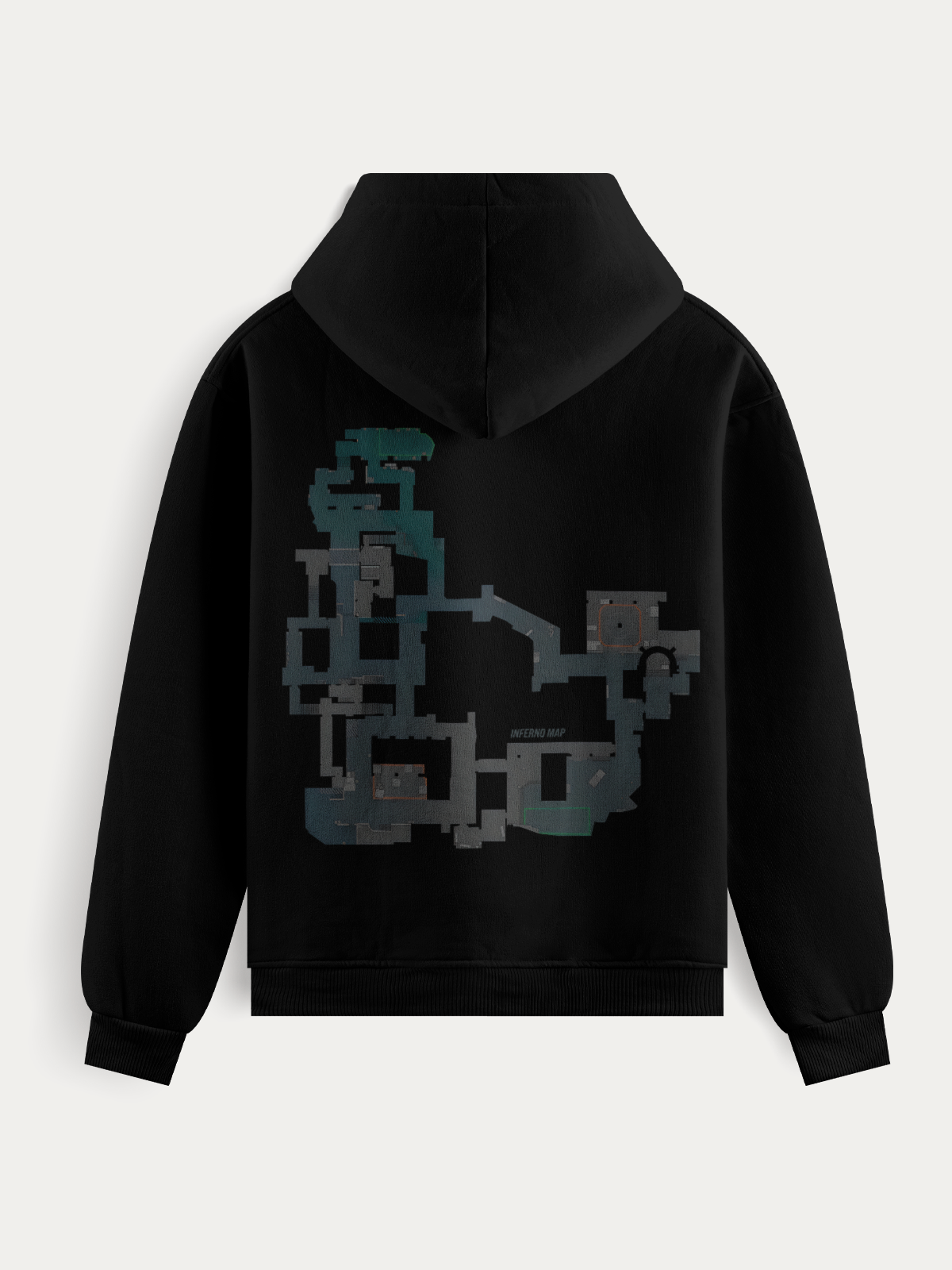 Moletom com o mapa Inferno de Counter-Strike estampado nas costas, disponível nas cores branca e preta. Perfeito para quem domina o game e curte vestir o cenário.
