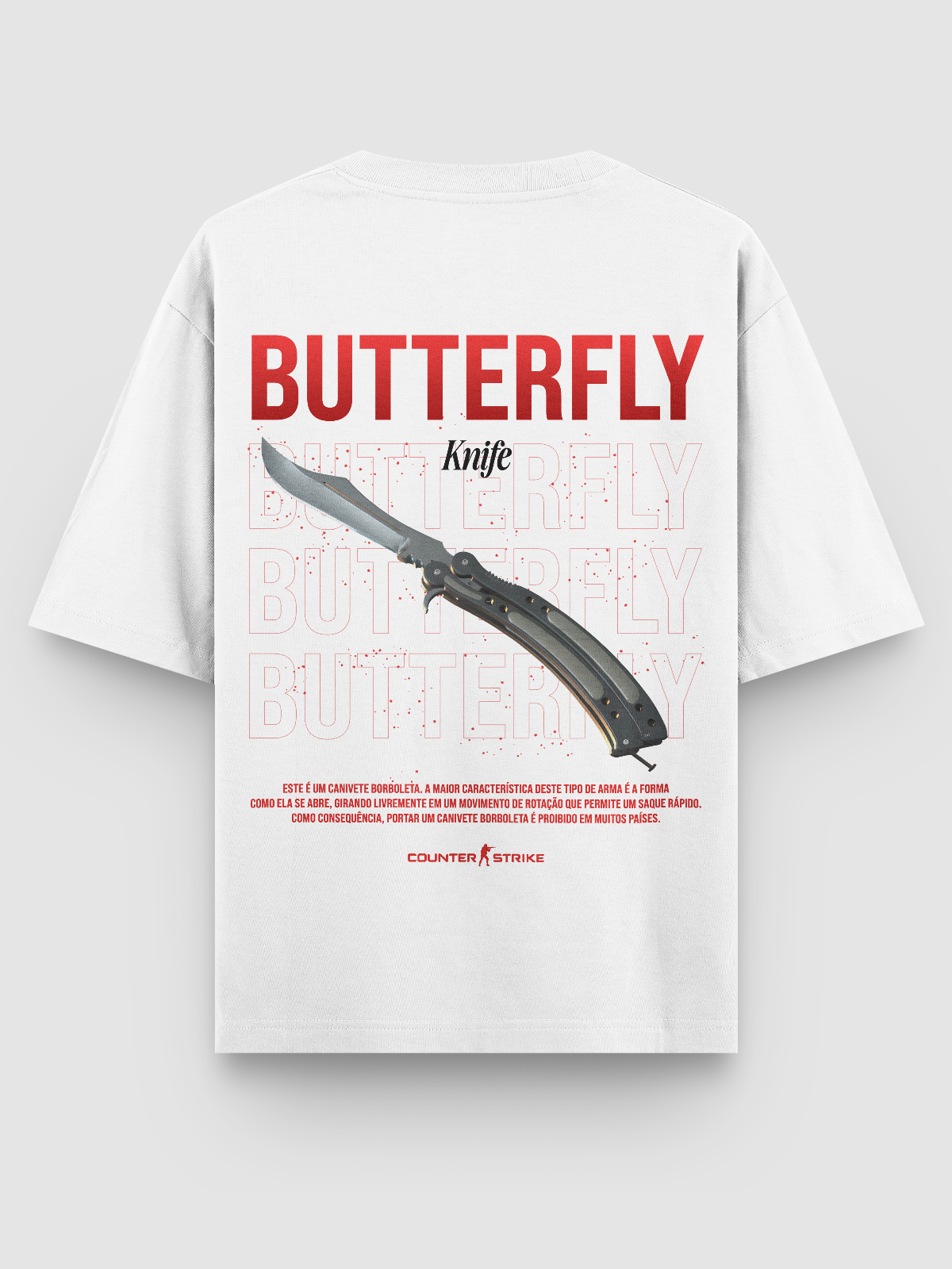 Camiseta Butterfly Counter Strike – Art Edition, feita em algodão 100% penteado, estampa DTF vibrante da icônica Balisong, perfeita para fãs de FPS e colecionadores da cultura gamer.