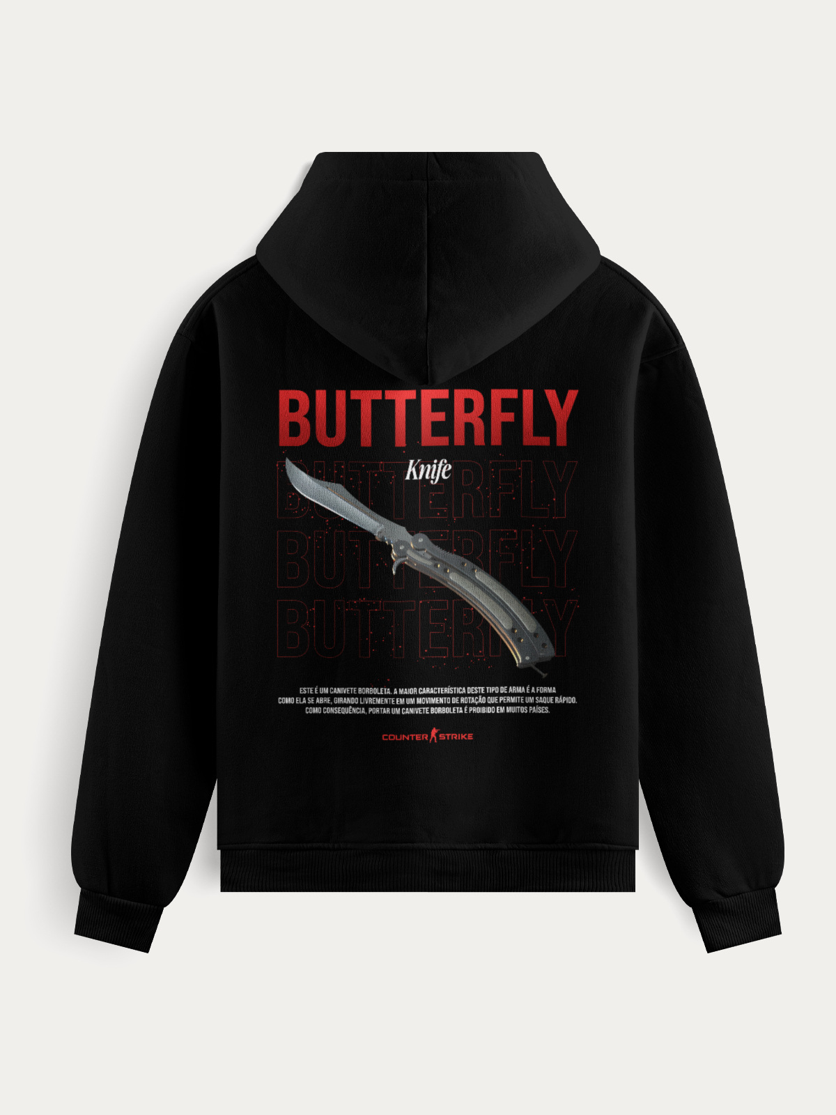 Moletom inspirado na Butterfly Knife do Counter Strike, com estampa em DTF, tecido resistente, costura reforçada e design pensado para fãs que prezam por estilo e presença.