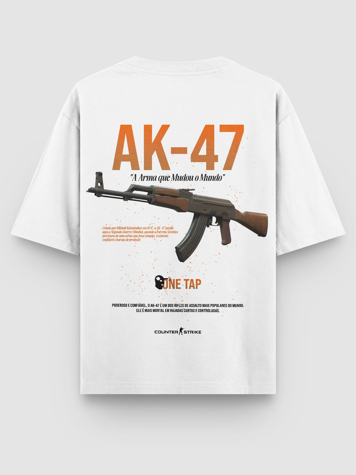Camiseta Oversized AK-47 One Tap inspirada no Counter Strike, feita em algodão penteado com gramatura 170g/m², estampa DTF de alta definição e modelagem ajustada. Ideal para gamers que valorizam estilo e conforto.