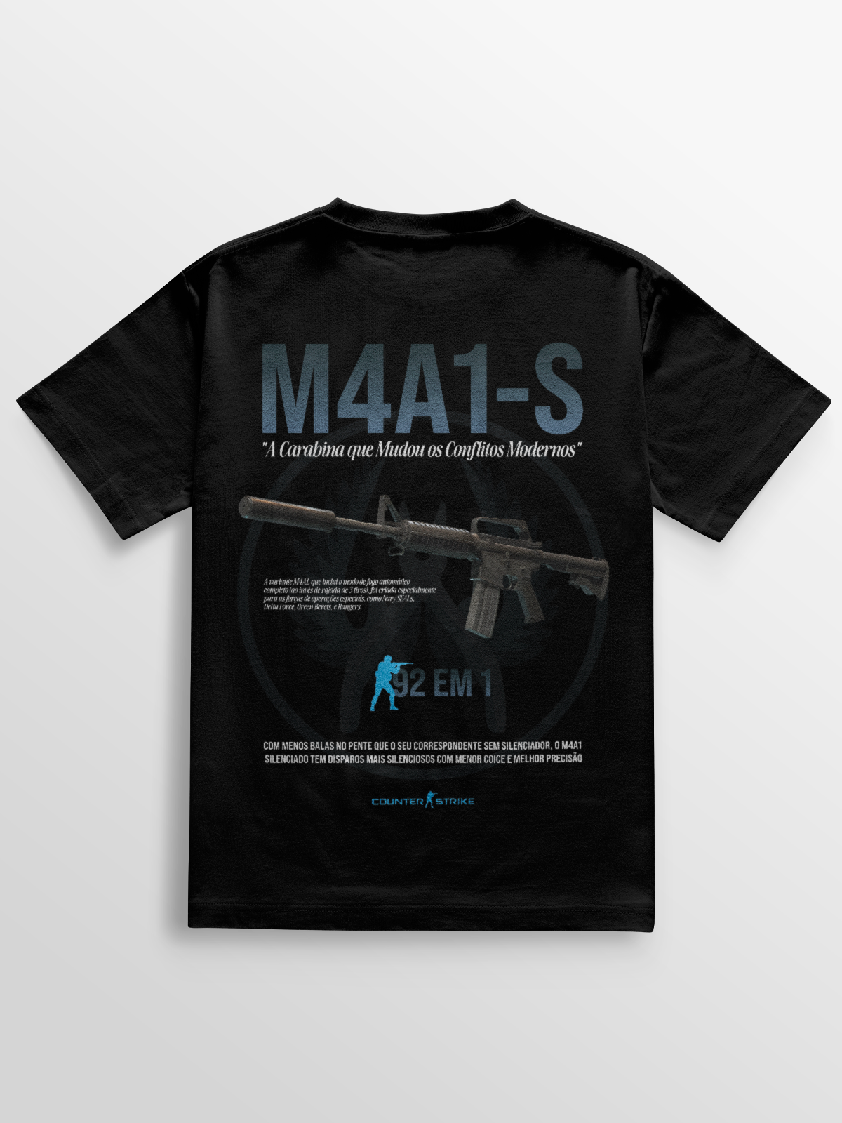 Camiseta gamer M4A1-S Counter Strike, confeccionada em algodão penteado 170g/m², modelagem ajustada e estampa DTF de alta definição. Ideal para fãs do FPS que buscam estilo e conforto no dia a dia.