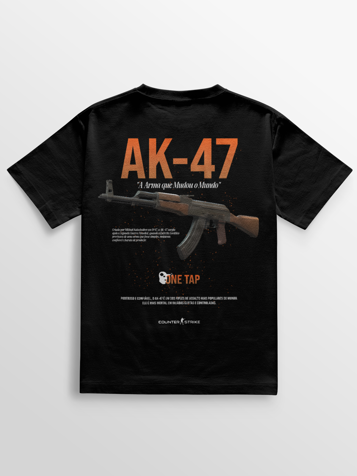 Camiseta AK-47 One Tap inspirada no Counter Strike, feita em algodão penteado com gramatura 170g/m², estampa DTF de alta definição e modelagem ajustada. Ideal para gamers que valorizam estilo e conforto.