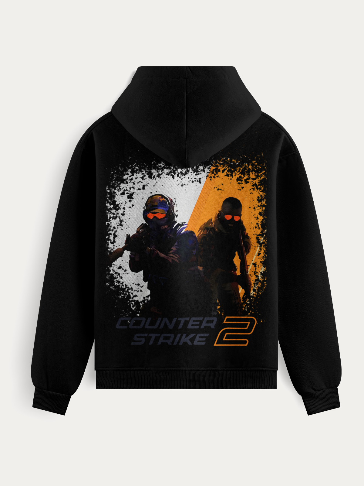 Moletom preto e branco com estampa crackled dos agentes CT e TR do jogo Counter Strike 2, em material de alta qualidade e estampa DTF resistente.