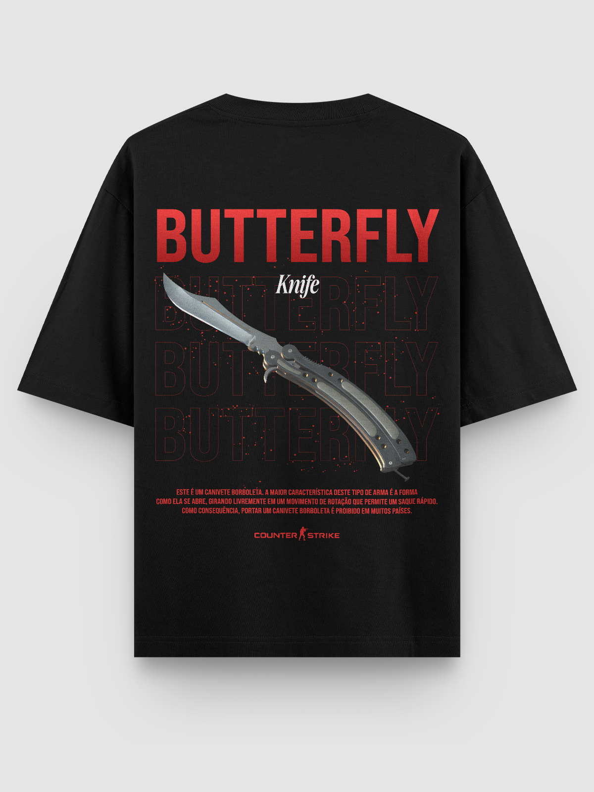 Camiseta Butterfly Counter Strike – Art Edition, feita em algodão 100% penteado, estampa DTF vibrante da icônica Balisong, perfeita para fãs de FPS e colecionadores da cultura gamer.