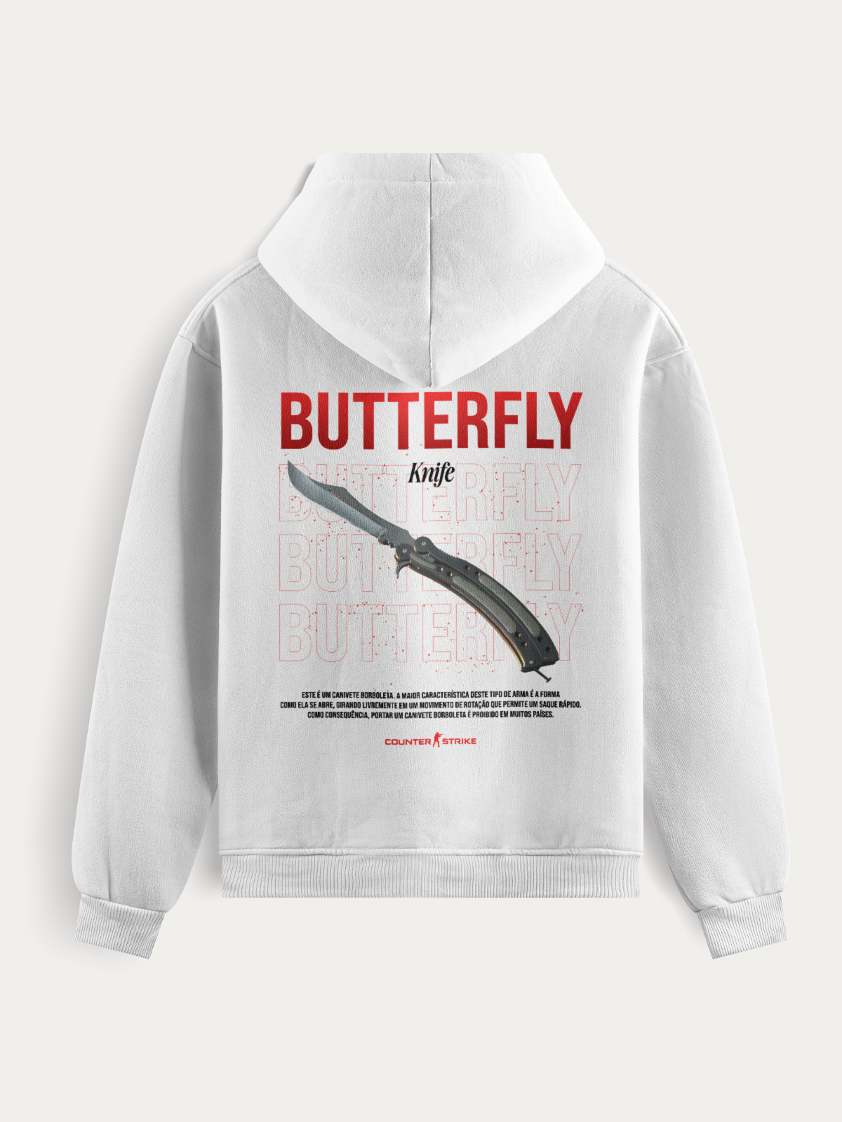 Moletom inspirado na Butterfly Knife do Counter Strike, com estampa em DTF, tecido resistente, costura reforçada e design pensado para fãs que prezam por estilo e presença.