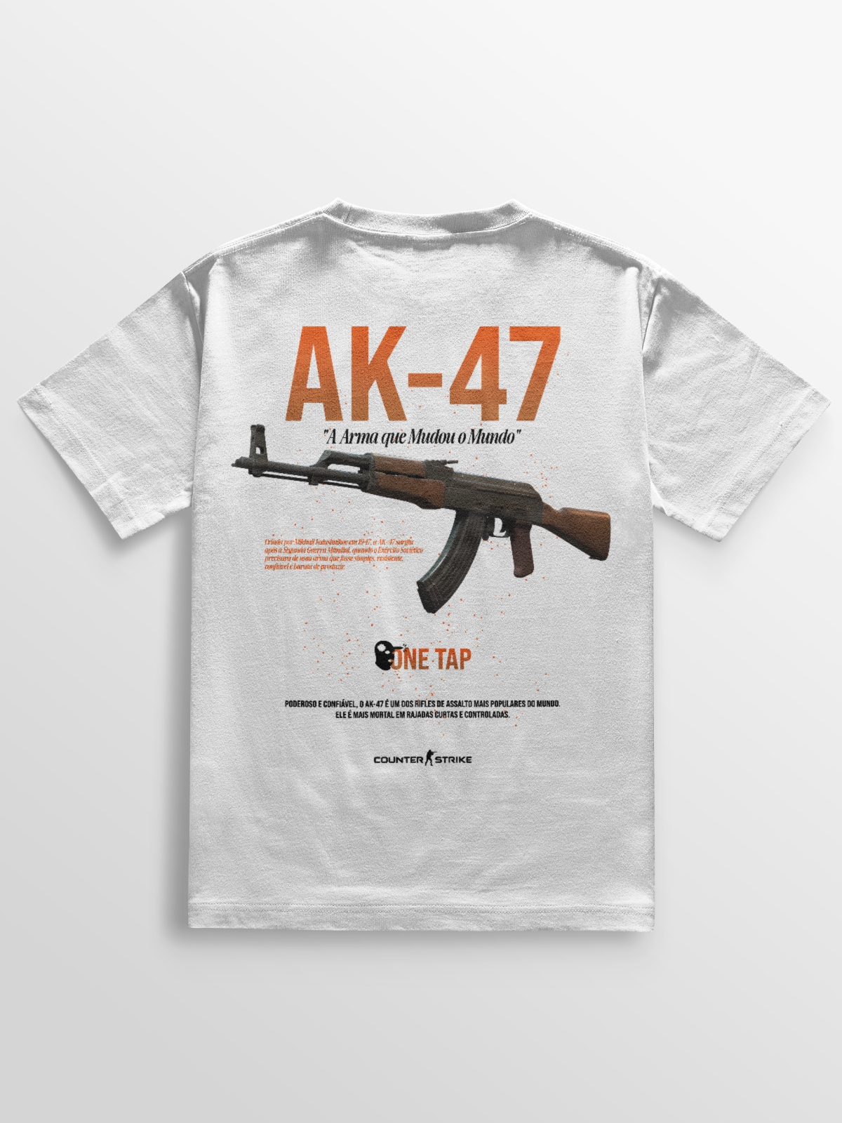 Camiseta AK-47 One Tap inspirada no Counter Strike, feita em algodão penteado com gramatura 170g/m², estampa DTF de alta definição e modelagem ajustada. Ideal para gamers que valorizam estilo e conforto.