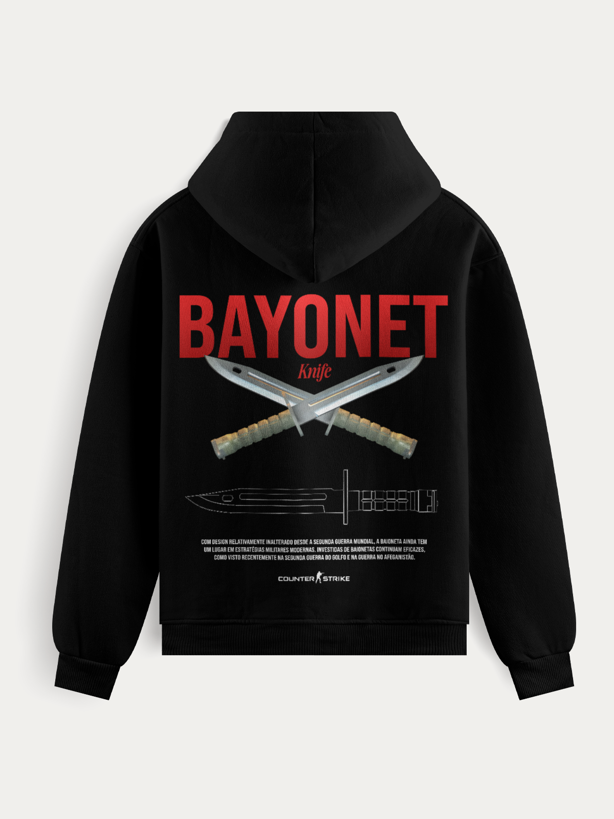 Moletom com estampa da baioneta clássica do Counter Strike II. Confeccionado com algodão e poliéster de alta gramatura, traz conforto, resistência e visual impactante com impressão DTF de alta definição. Ideal para fãs do jogo.