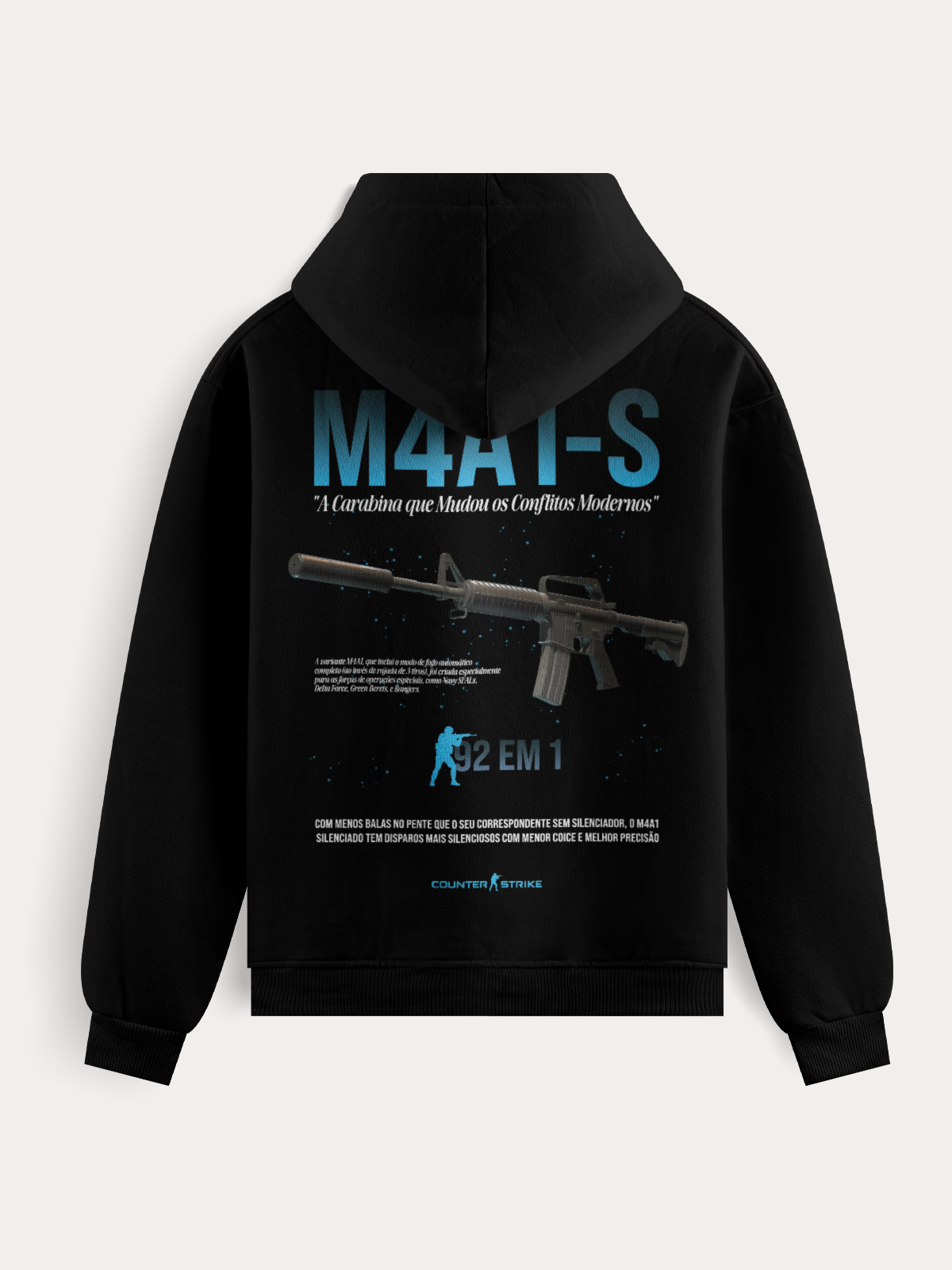 Moletom M4A1-S Counter Strike II com estampa da arma silenciada, tecido premium 75% algodão, toque macio, gramatura 300g/m² e caimento tático moderno.
