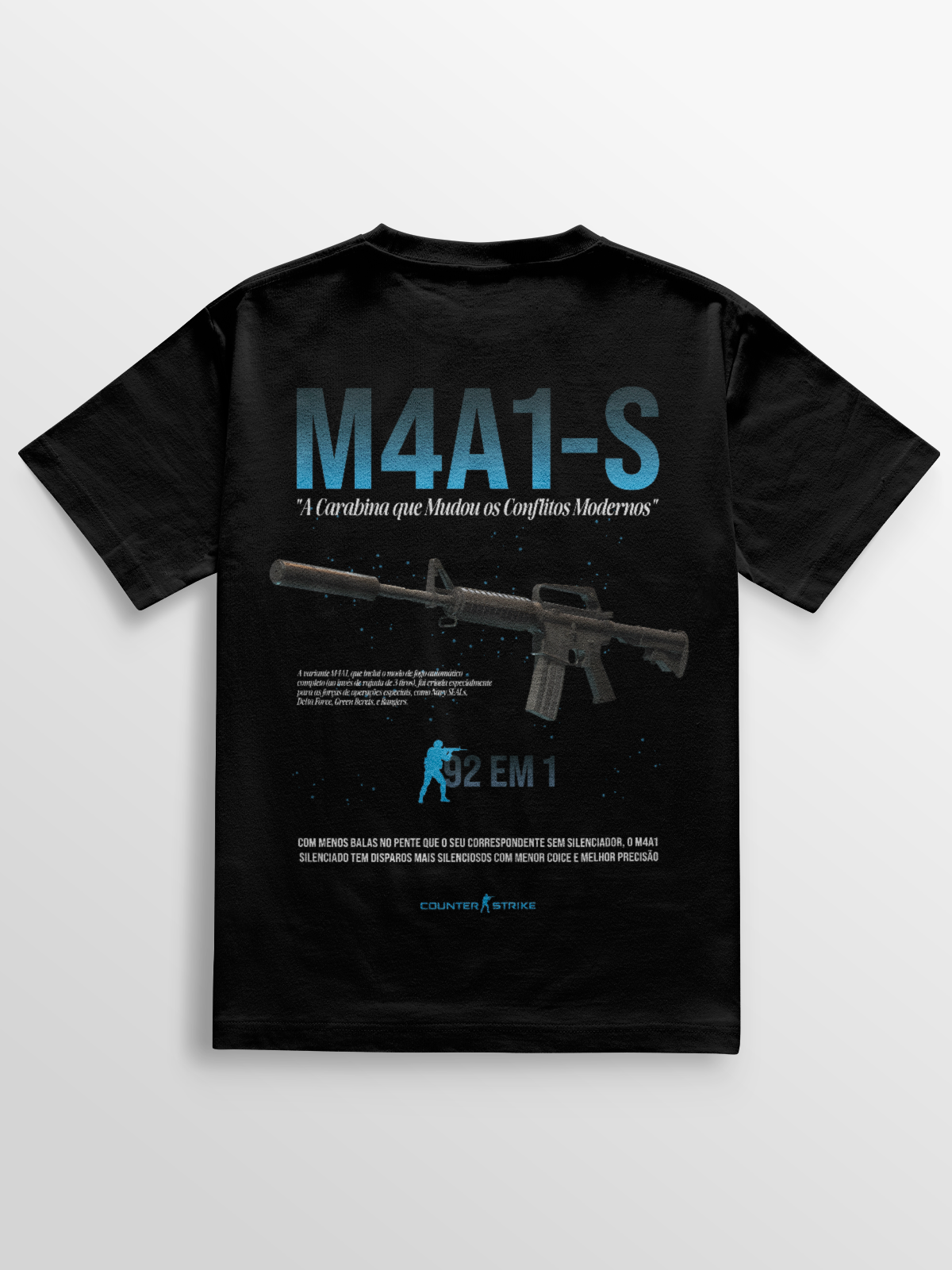 Camiseta gamer M4A1-S Counter Strike, confeccionada em algodão penteado 170g/m², modelagem ajustada e estampa DTF de alta definição. Ideal para fãs do FPS que buscam estilo e conforto no dia a dia.
