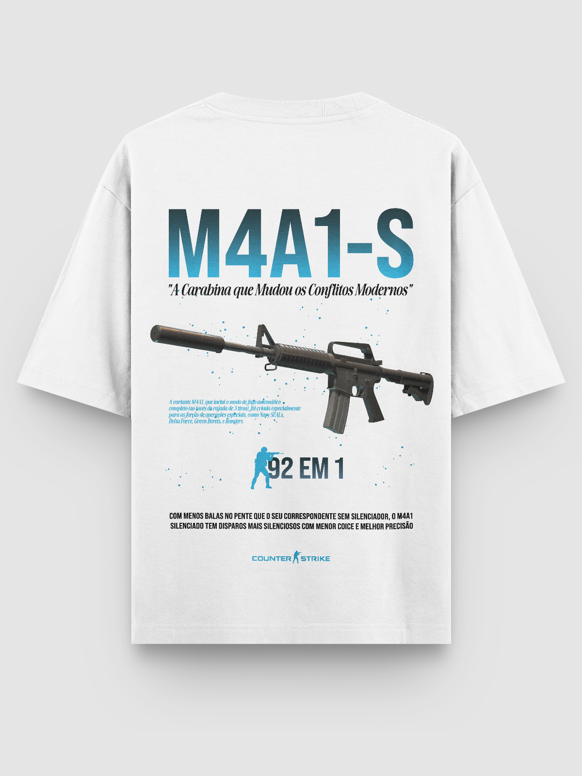 Camiseta Oversized gamer M4A1-S Counter Strike, confeccionada em algodão penteado 170g/m², modelagem ajustada e estampa DTF de alta definição. Ideal para fãs do FPS que buscam estilo e conforto no dia a dia.
