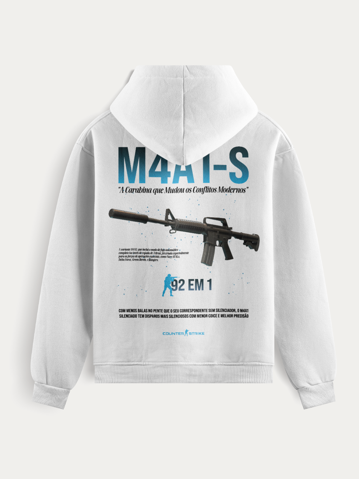 Moletom M4A1-S Counter Strike II com estampa da arma silenciada, tecido premium 75% algodão, toque macio, gramatura 300g/m² e caimento tático moderno.