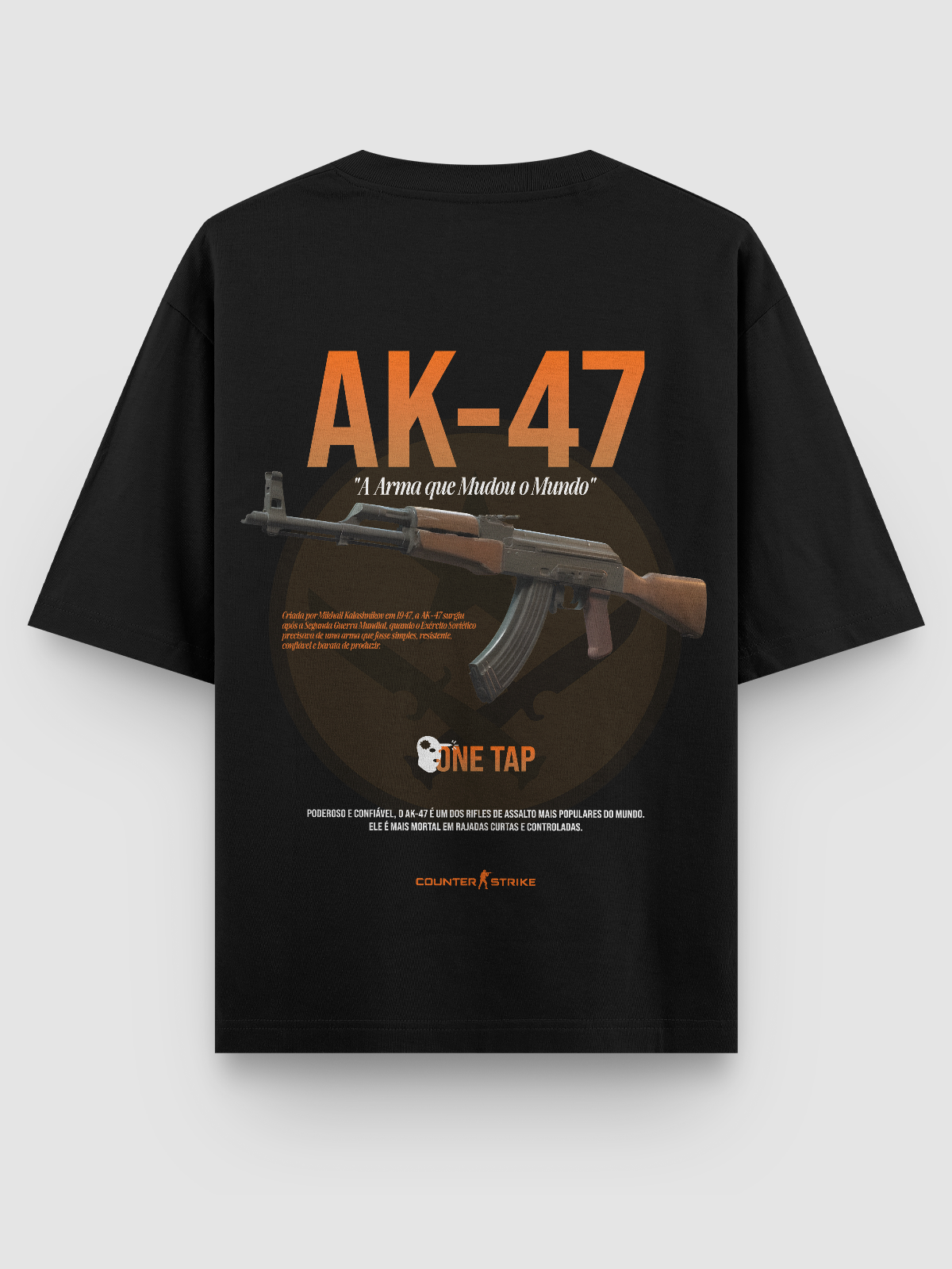 Camiseta Oversized AK-47 One Tap inspirada no Counter Strike, feita em algodão penteado com gramatura 170g/m², estampa DTF de alta definição e modelagem ajustada. Ideal para gamers que valorizam estilo e conforto.