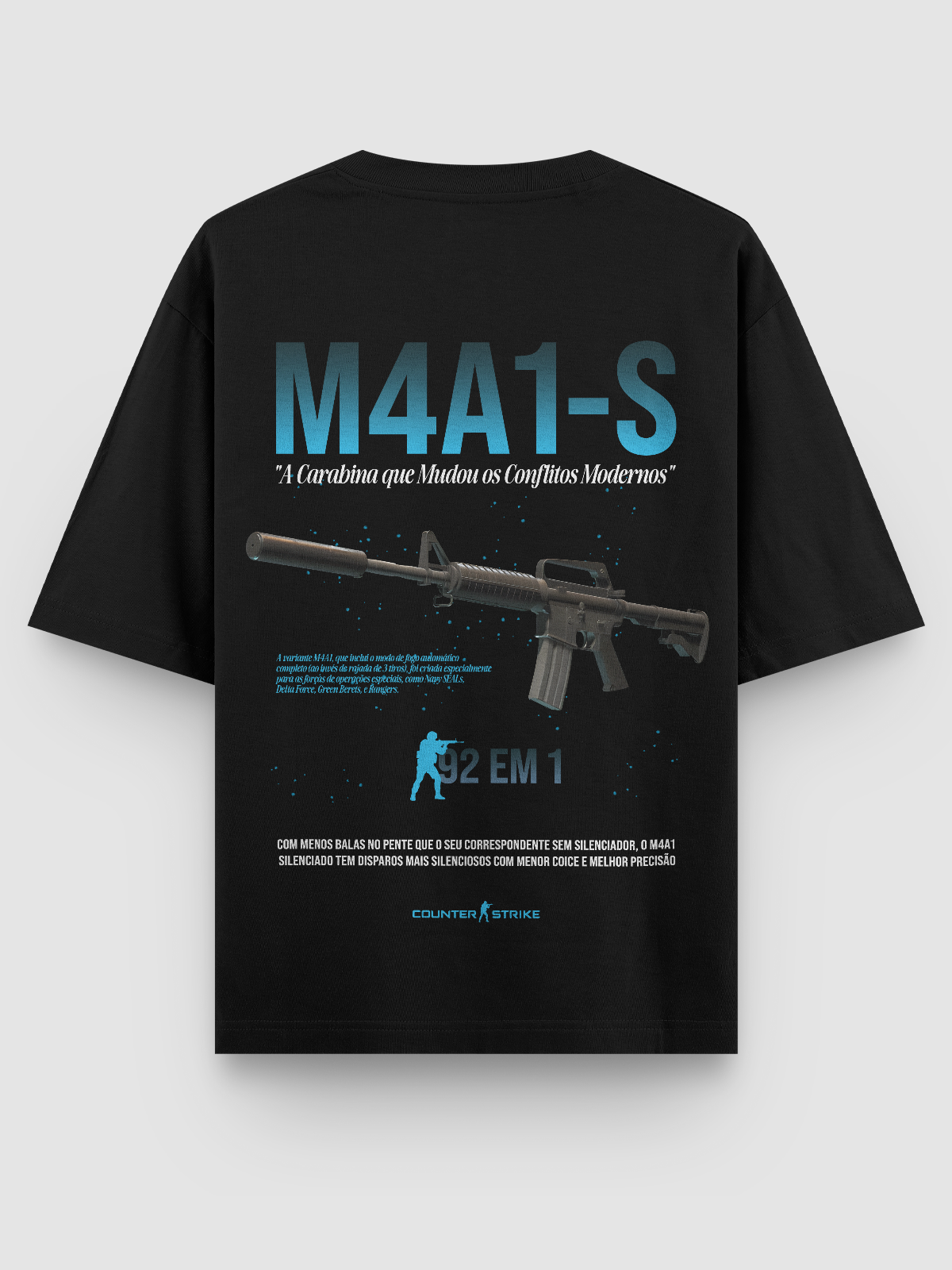 Camiseta Oversized gamer M4A1-S Counter Strike, confeccionada em algodão penteado 170g/m², modelagem ajustada e estampa DTF de alta definição. Ideal para fãs do FPS que buscam estilo e conforto no dia a dia.