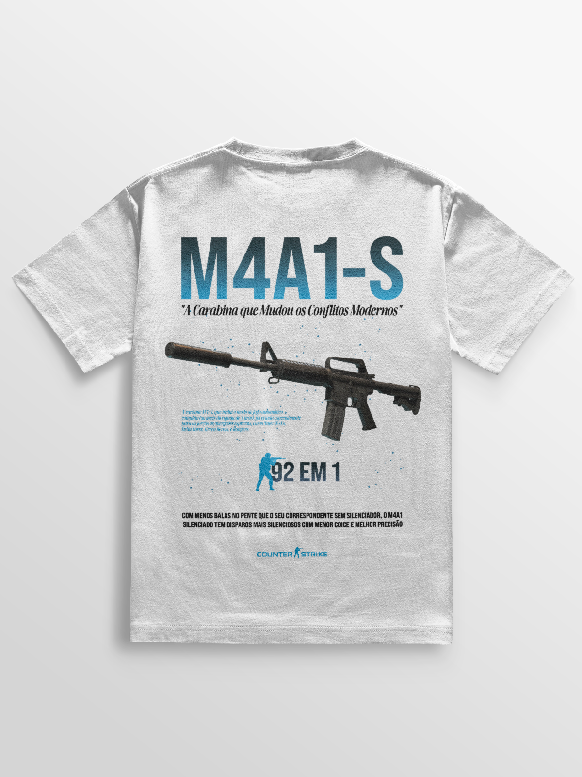 Camiseta gamer M4A1-S Counter Strike, confeccionada em algodão penteado 170g/m², modelagem ajustada e estampa DTF de alta definição. Ideal para fãs do FPS que buscam estilo e conforto no dia a dia.