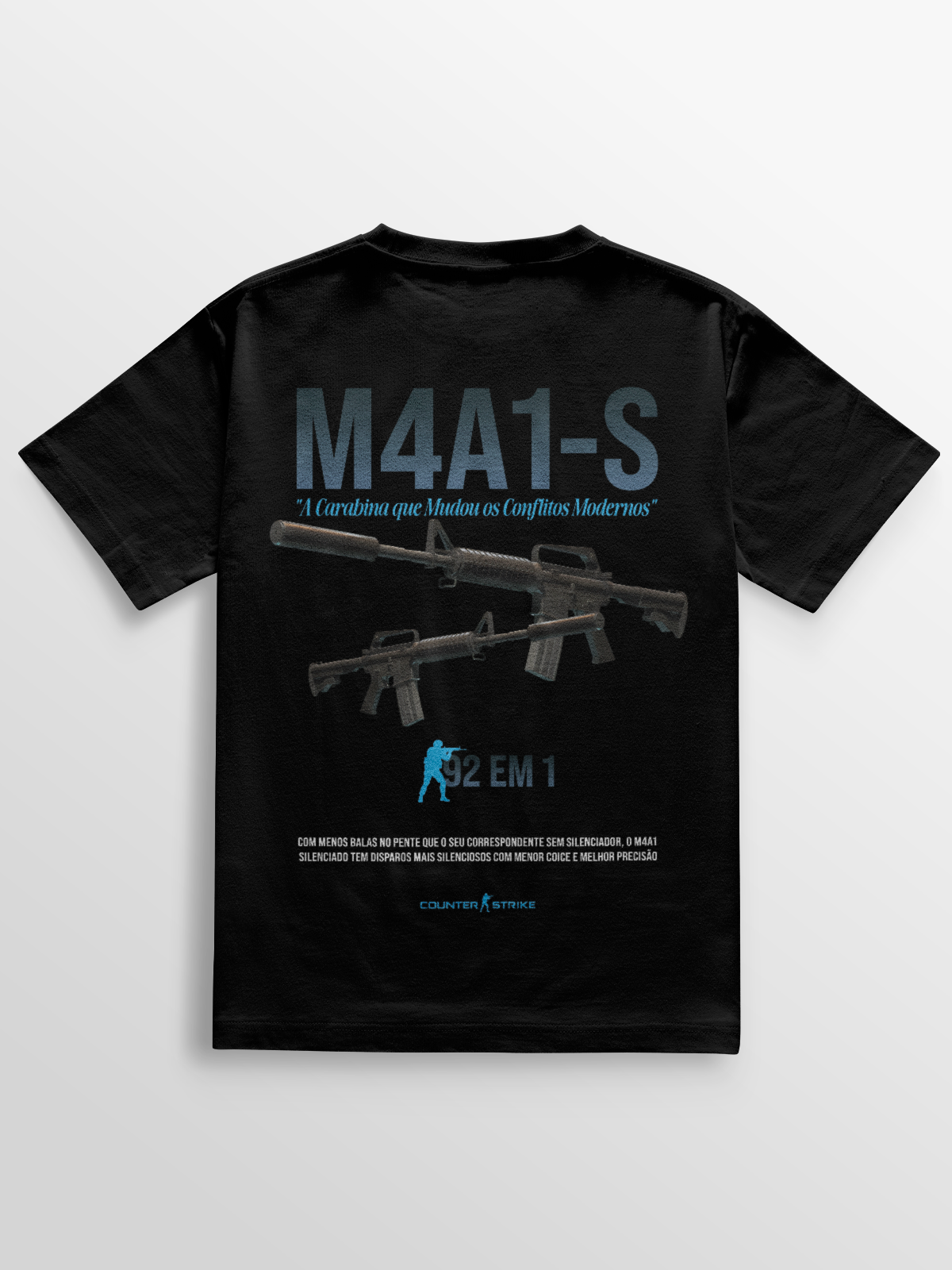 Camiseta gamer M4A1-S Counter Strike, confeccionada em algodão penteado 170g/m², modelagem ajustada e estampa DTF de alta definição. Ideal para fãs do FPS que buscam estilo e conforto no dia a dia.