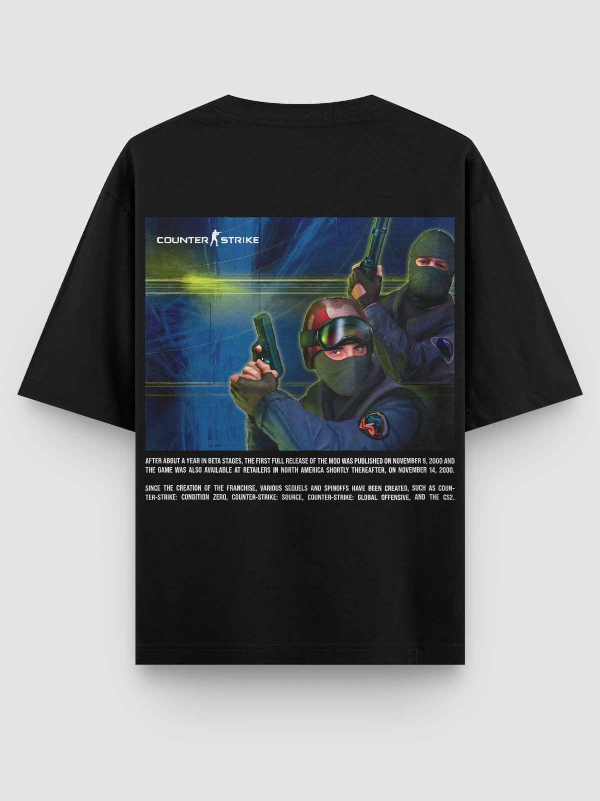 Camiseta Oversized gamer Counter Strike 1.6 Main Menu, com estampa DTF de alta definição dos agentes CT e TR. Feita em algodão penteado 170g/m², modelagem ajustada e acabamento reforçado. Ideal para fãs do FPS clássico.